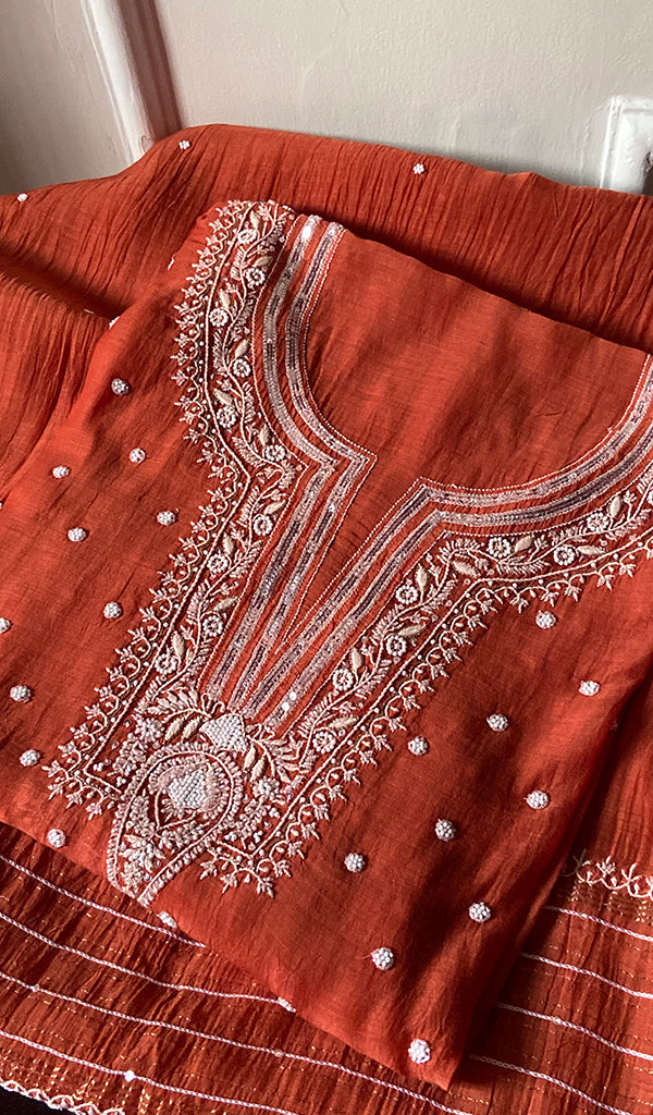 Women's Lakhnavi Handcrafted Mul Chanderi Semi- stitched Kurta And Dupatta Set- HONC0328241