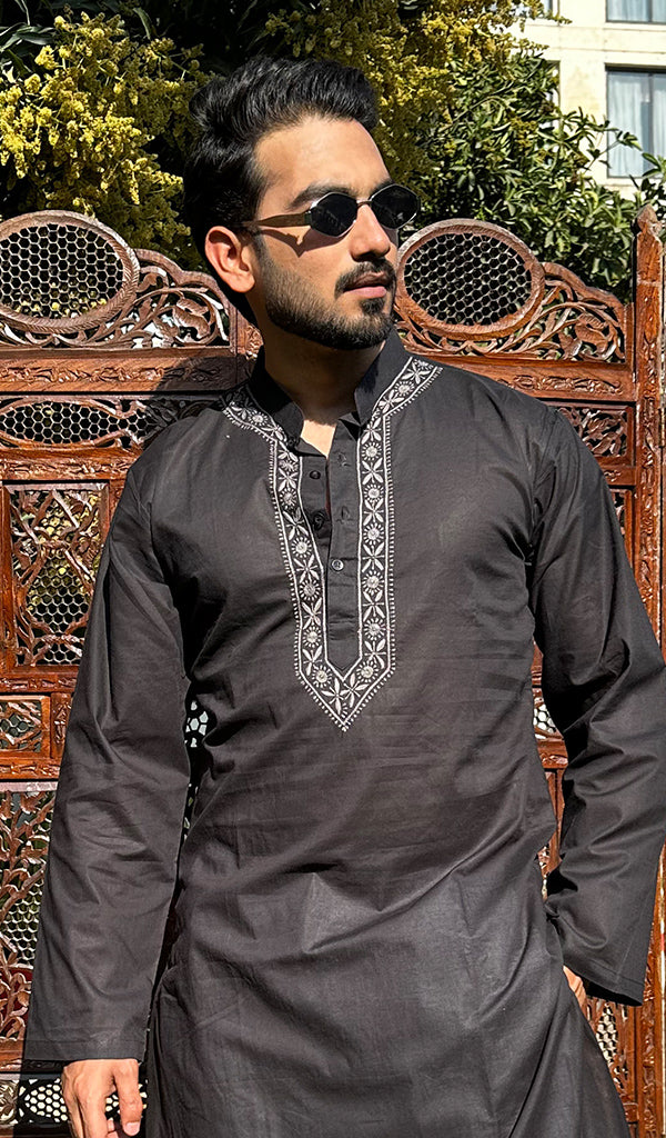 Men's Lucknowi Handcrafted Cotton Chikankari Kurta - HONC0341909