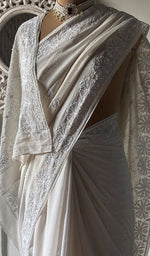 Load image into Gallery viewer, Women's Lakhnavi Handcrafted Pure Silk Georgette Chikankari Saree- HONC0325906