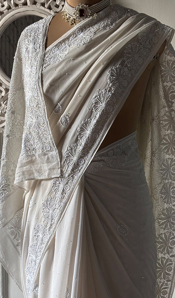 Women's Lakhnavi Handcrafted Pure Silk Georgette Chikankari Saree- HONC0325906