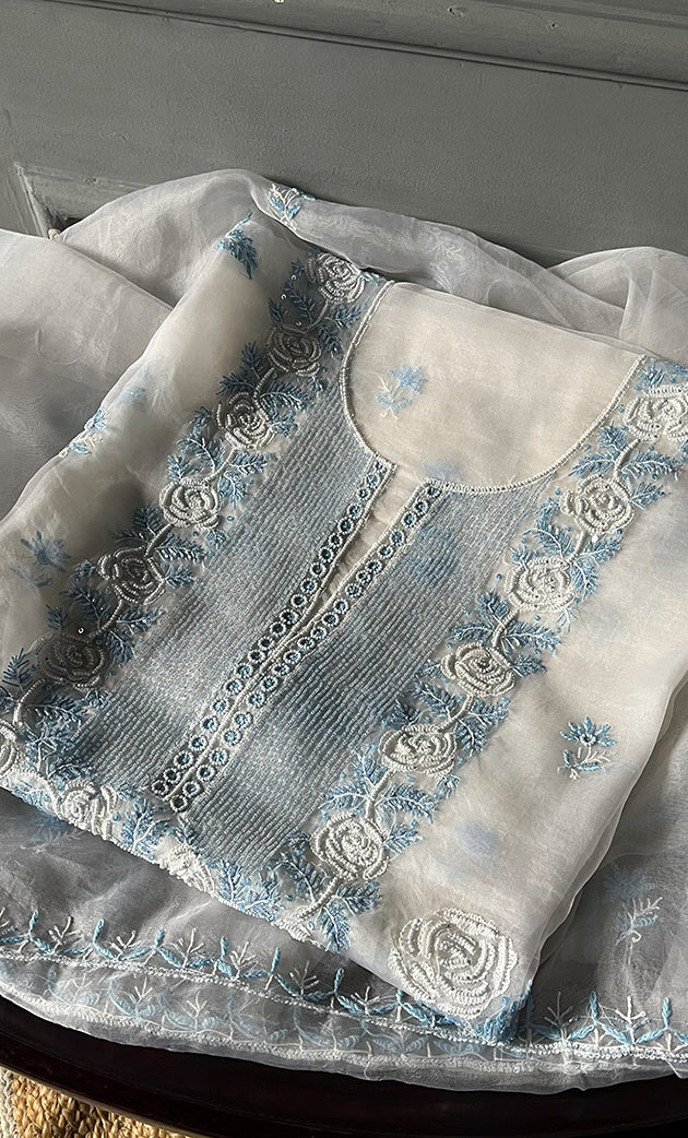 Women's Lakhnavi Handcrafted Pure Organza Chikankari Unstitched Kurta And Dupatta Set- HONC0305195