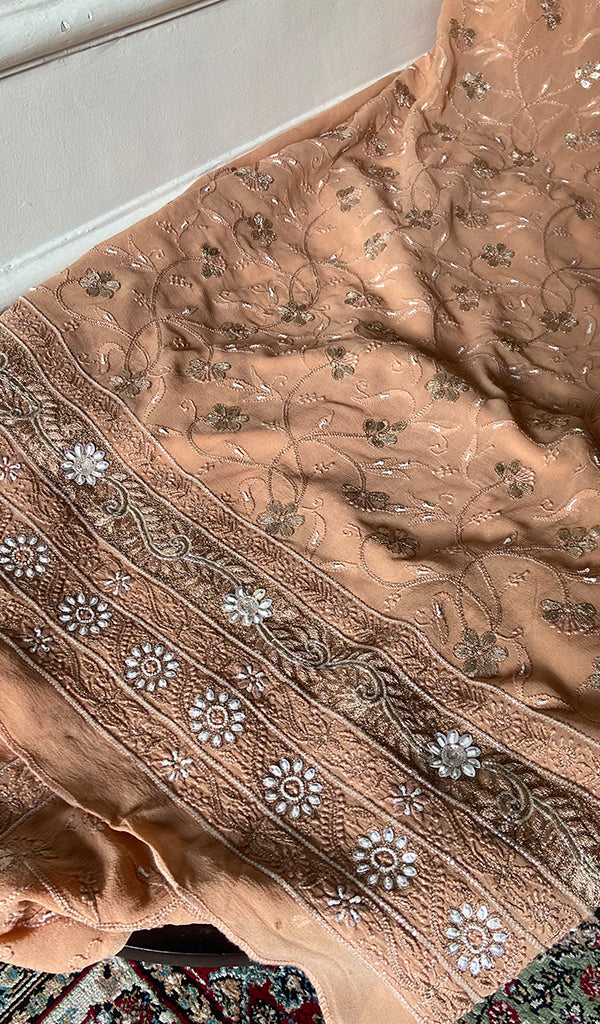Women's Lakhnavi Handcrafted Pure Silk Georgette Chikankari Kurta And Dupatta Set - HONC0271654