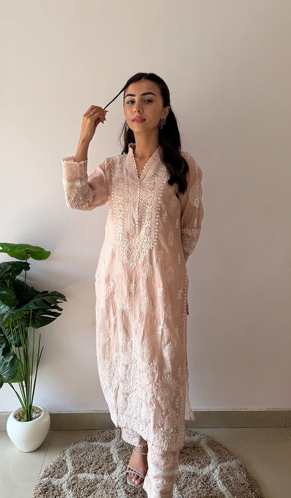 Women's Lucknowi Handcrafted Mul Chanderi Stitched Chikankari Kurta And Plazzo Set- HONC03788220