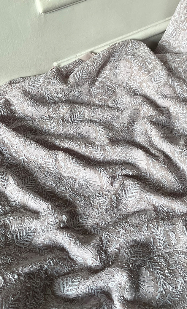 Women's Lakhnavi Handcrafted Pure Silk Georgette Semi - Stitched Chikankari Kurta And Dupatta Set - HONC0323529