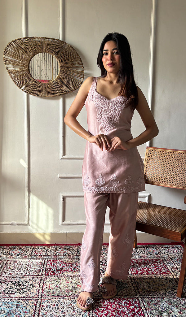 Amreena Women's Lakhnavi Handcrafted Chanderi Silk Chikankari Top And Pant Set - HONC0344948