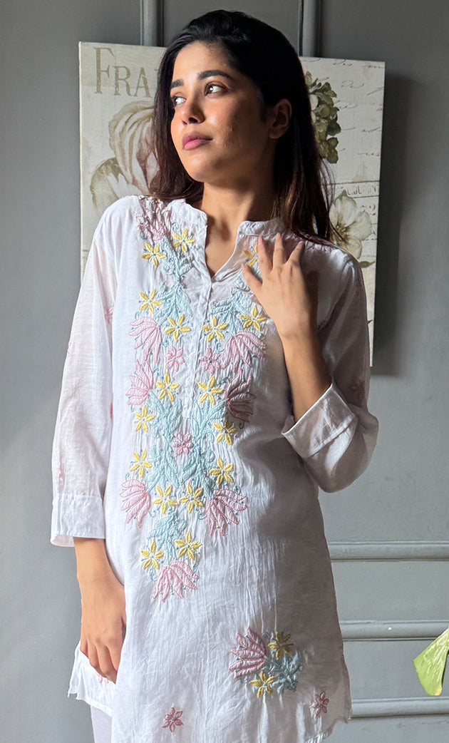 Women's Lakhnavi Handcrafted Mul Chanderi  Chikankari Top - HONC0305258