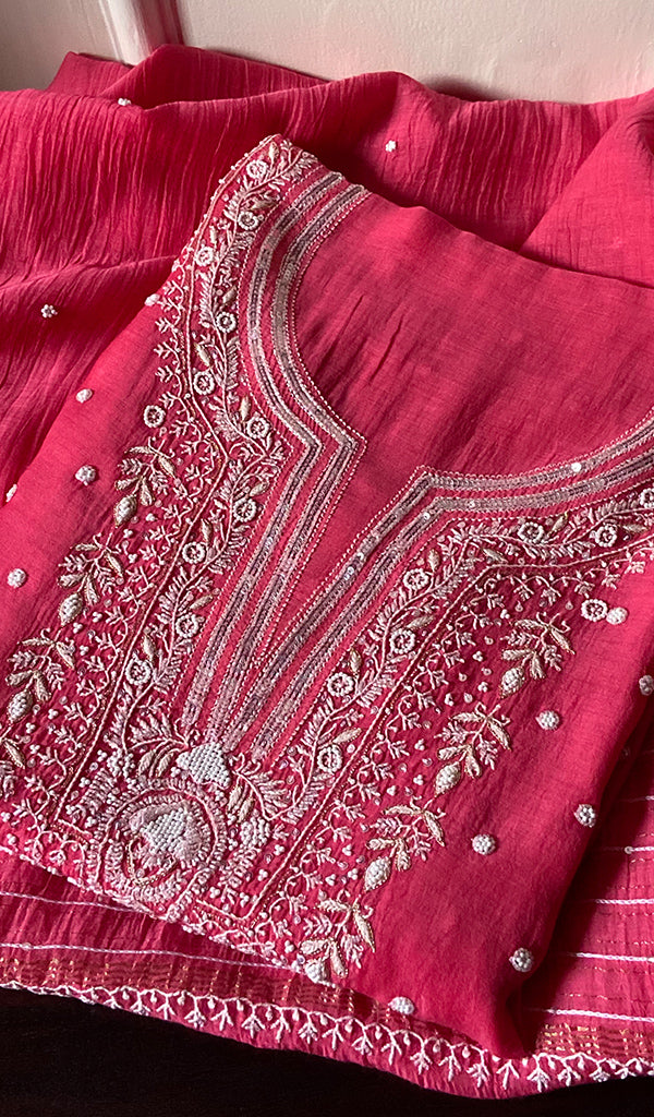 Women's Lakhnavi Handcrafted Mul Chanderi Semi - stitched Kurta And Dupatta Set- HONC0328240
