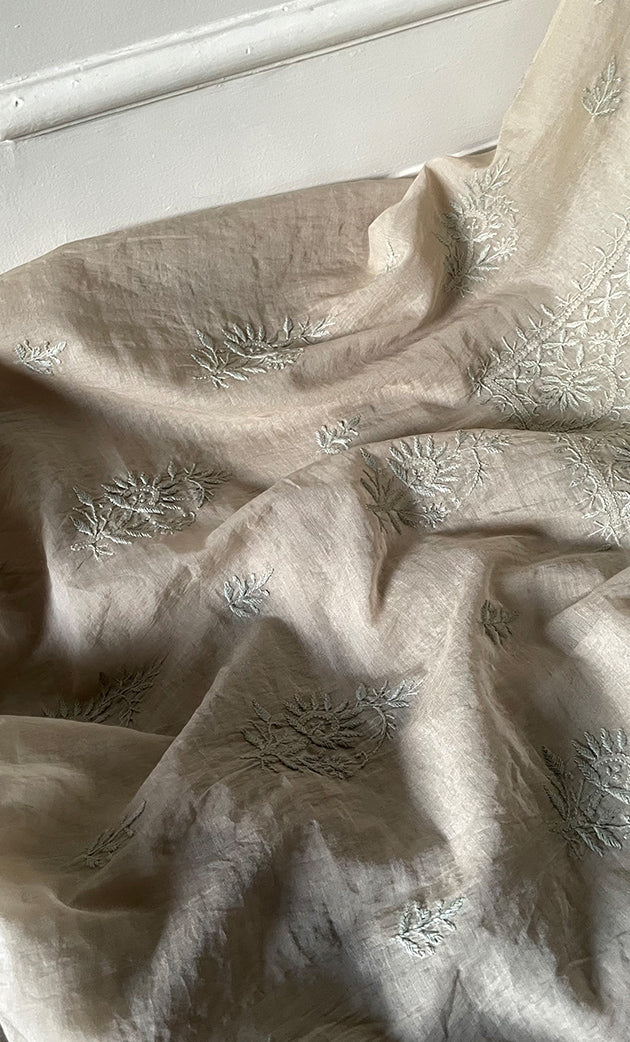 Women's Lakhnavi Handcrafted Mul Chanderi Unstitched Chikankari Full Suit Material - HONC0319537