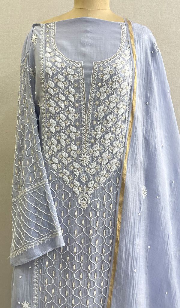 Women's Lakhnavi Handcrafted Mul Chanderi Semi Stitched  Kurta  And Dupatta Set- HONC0203212