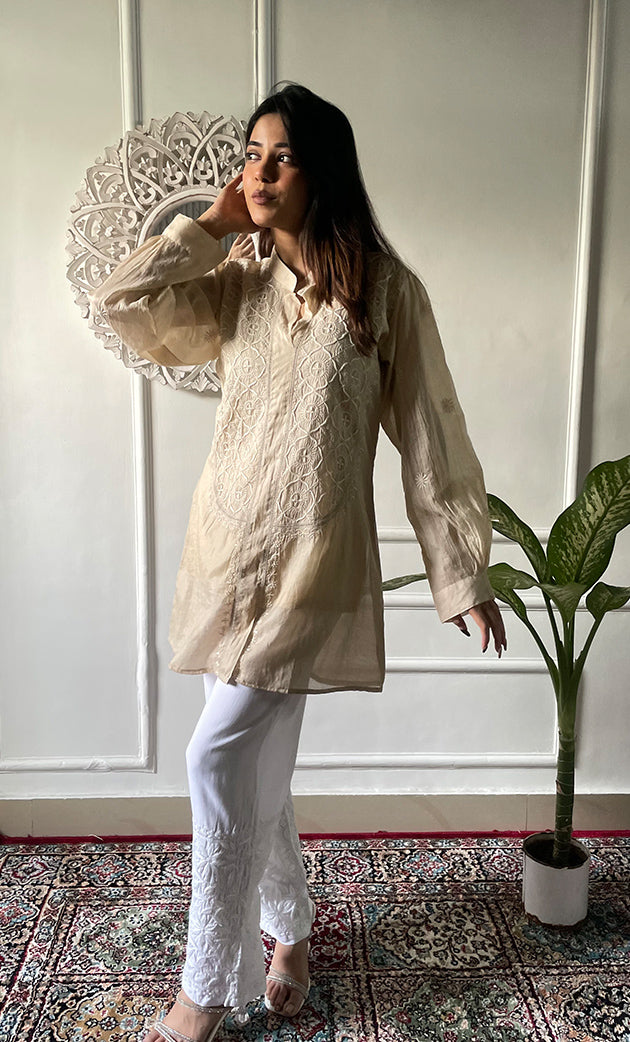 Eshita Women's Lakhnavi Handcrafted Mul Chanderi Chikankari Top - HONC0312897