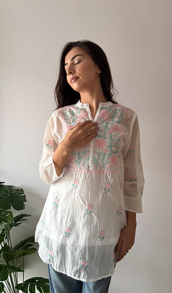 Women's Lakhnavi Handcrafted Mul Chanderi Chikankari Top - HONC0372702