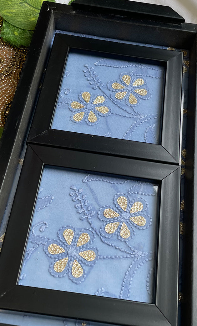 Handcrafted Chikankari Tray with Two Coasters – Wooden Frame - HONC0237173
