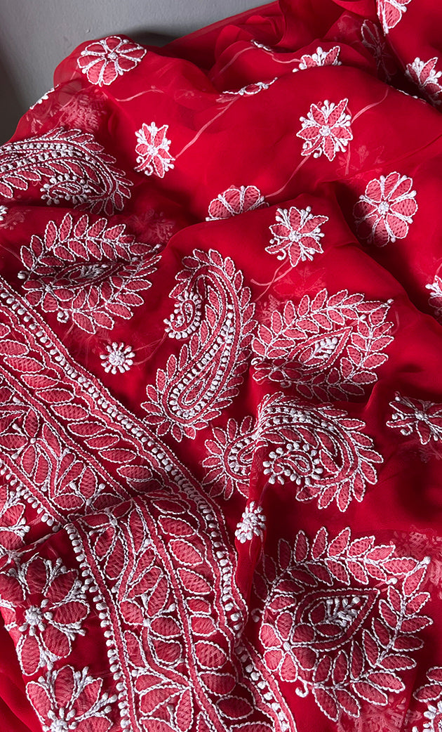 Women's Lakhnavi Handcrafted Unstitched Faux-Georgette Chikankari Suit Material - HONC0311928