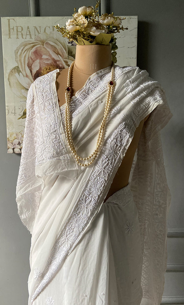 Women's Lakhnavi Handcrafted Viscose Georgette Chikankari Saree - HONC0296062