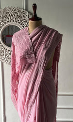 将图像加载到图库查看器中， Women's Lakhnavi Handcrafted Viscose Georgette Chikankari Saree - HONC0333856