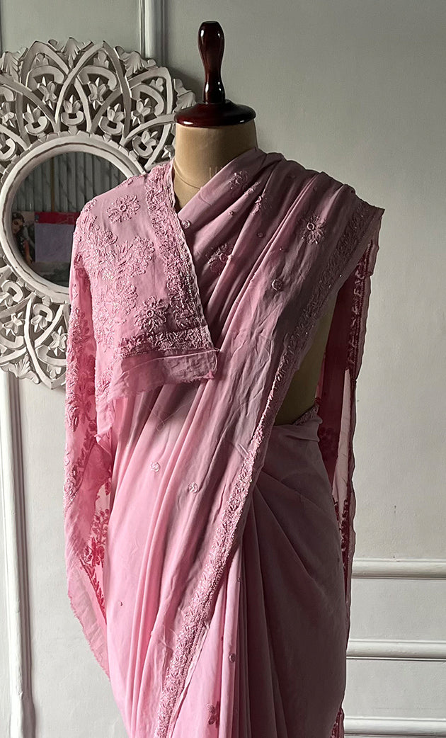 Women's Lakhnavi Handcrafted Viscose Georgette Chikankari Saree - HONC0333856