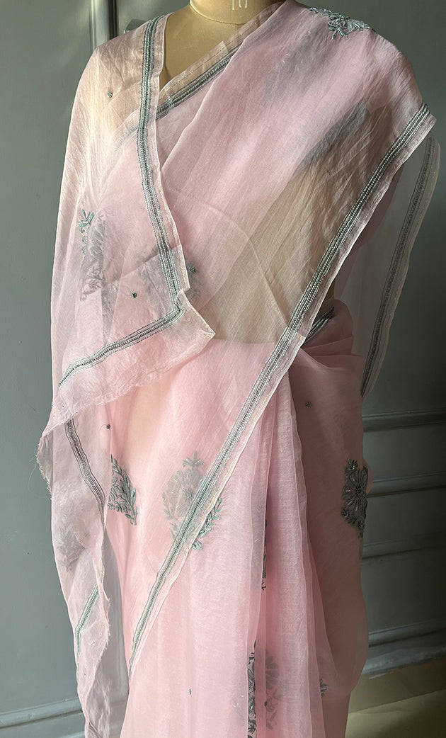 Amna Women's Lucknowi Handcrafted Pure Organza Silk Chikankari Saree - HONC0294413
