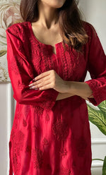 Load image into Gallery viewer, Sufi Women&#39;s Lucknowi Handcrafted Chanderi Silk Chikankari Kurti - HONC041952
