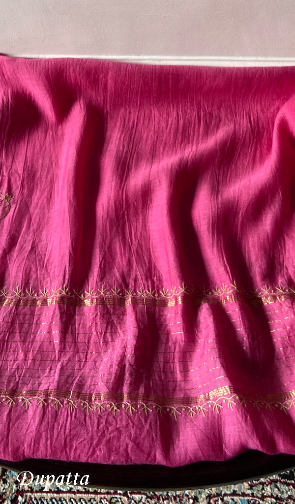 Women's Lakhnavi Handcrafted Chanderi Silk Unstitched Chikankari Full Suit - HONC035260