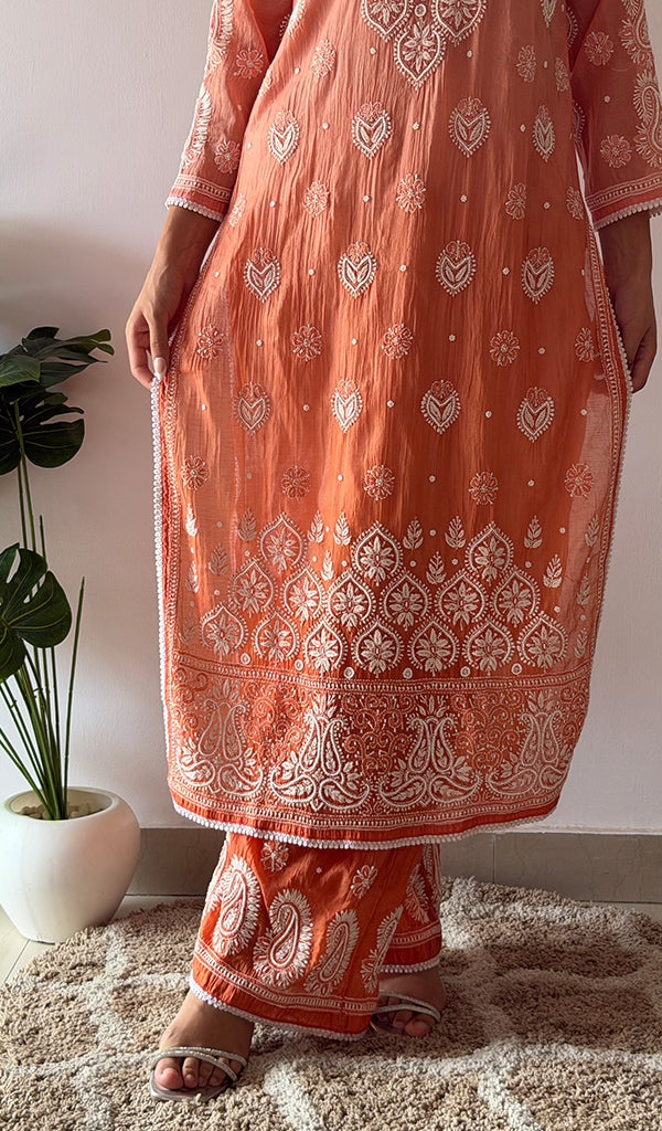 Women's Lucknowi Handcrafted Mul Chanderi Stitched Chikankari Kurta And Plazzo Set- HONC0379063