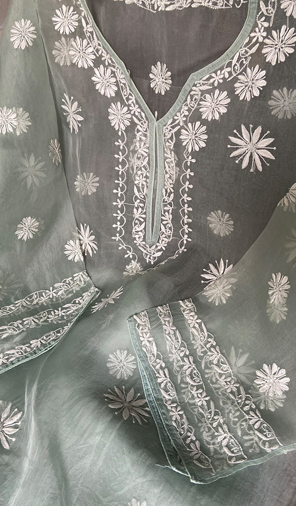 Mayuri Women's Lakhnavi Handcrafted Pure Organza Silk Chikankari Semi - stitched Full Suit Material - HONC0348612