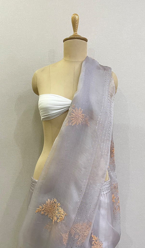 Women's Lucknowi Handcrafted Pure Organza Silk Chikankari Saree - HONC0162558