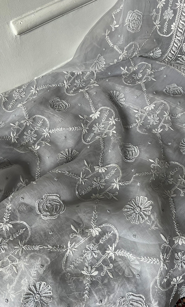 Women's Lakhnavi Handcrafted Pure Organza Chikankari Unstitched Kurta And Dupatta Set- HONC0311253