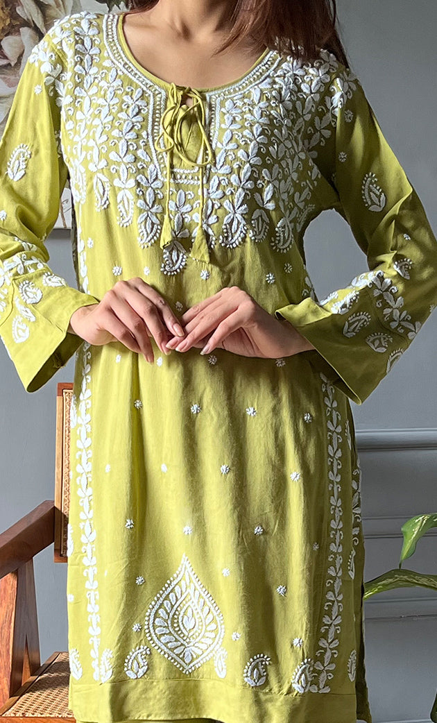 Women's Lakhnavi Handcrafted Modal Cotton Chikankari Kurta And Pant Set - HONC0300580