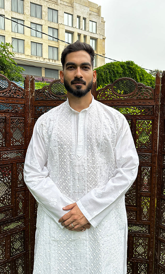 Men's Lucknowi Handcrafted Cotton Chikankari Kurta - HONC0295480