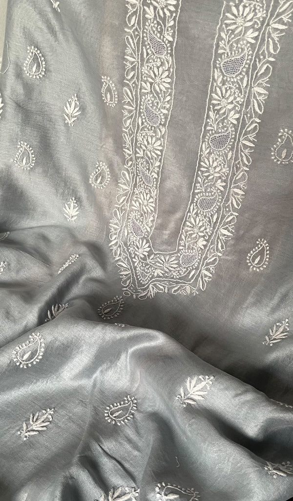 Women's Lucknowi Handcrafted Chanderi Silk Unstitched Chikankari Kurta and Dupatta Set- HONC0288648