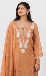 Load image into Gallery viewer, Women&#39;s Lakhnavi Handcrafted Mul Chanderi Chikankari Stitched Kurta, Dupatta And Pant Set - HONC03144550

