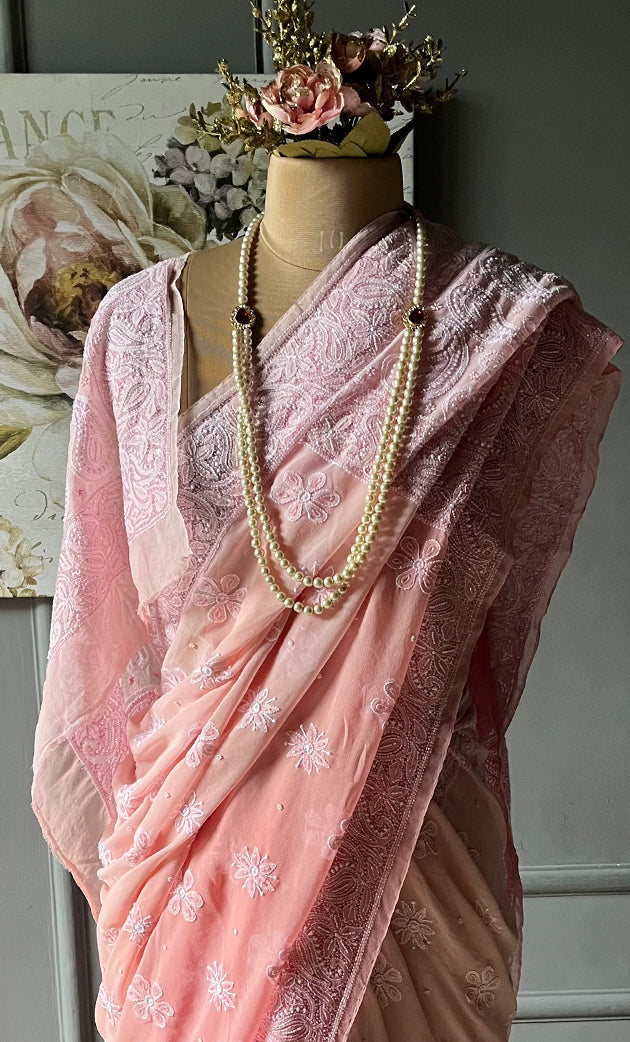 Women's Lakhnavi Handcrafted Pure Silk Georgette Chikankari - HONC0285571
