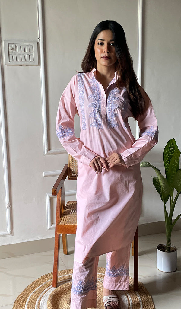 Enayat Women's Lakhnavi Handcrafted Cotton Chikankari Oversized Kurta And Pant Set - HONC0297451