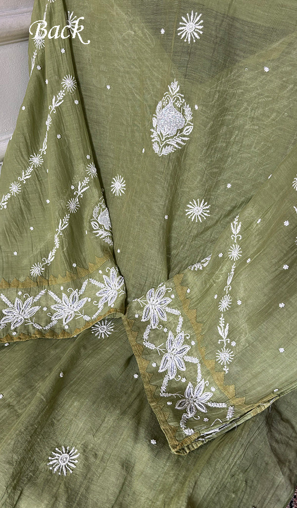Aarushi Women's Lakhnavi Handcrafted Mul Chanderi Semi - stitched Chikankari Full Suit Material - HONC0