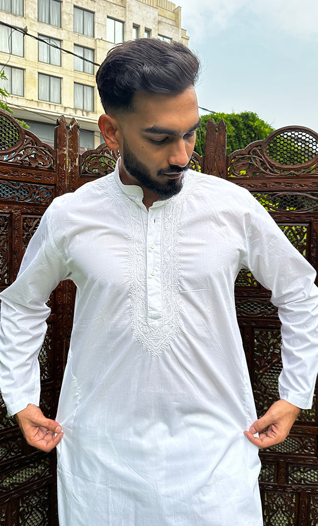 Men's Lucknowi Handcrafted Cotton Chikankari Kurta And Pant Set - HONC0289319