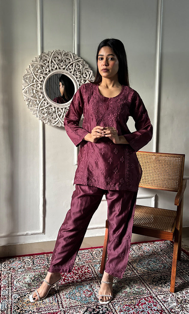 Imara Women's Lakhnavi Handcrafted Chanderi Silk Chikankari Top And Pant Set - HONC0340440