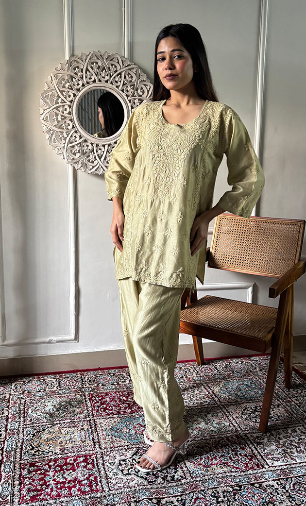Imara Women's Lakhnavi Handcrafted Chanderi Silk Chikankari Top And Pant Set - HONC0340438