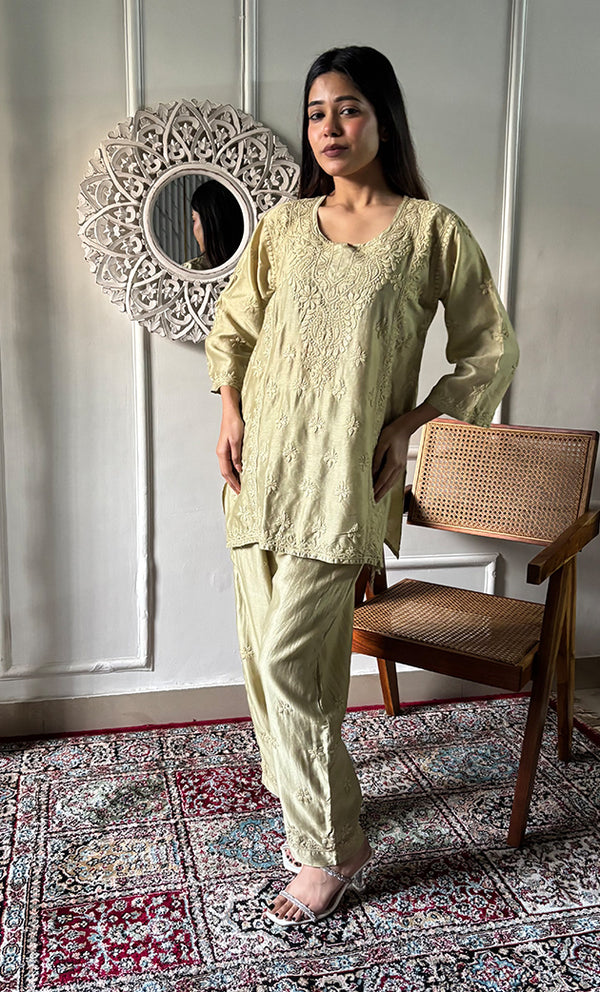 Imara Women's Lakhnavi Handcrafted Chanderi Silk Chikankari Top And Pant Set - HONC0340438