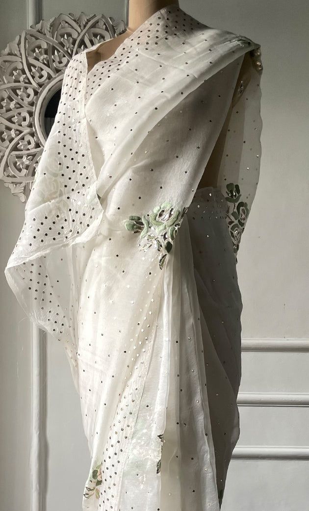 Women's Lucknowi Handcrafted Pure Organza Silk Chikankari Saree - HONC0329245