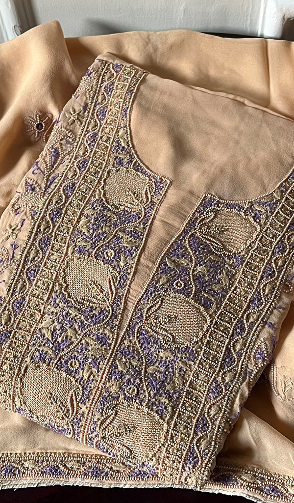 Women's Lakhnavi Handcrafted Pure Silk Georgette Chikankari Semi-Stiched Kurta And Dupatta Set - HONC0251685