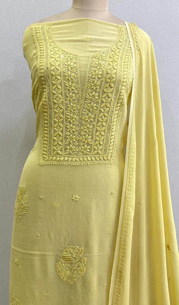 Women's Lakhnavi Handcrafted Viscose Georgette Chikankari Full Suit Material - HONC090315