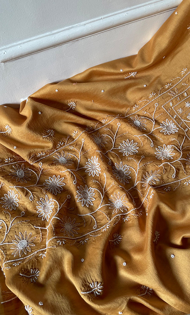 Women's Lucknowi Handcrafted Chanderi Silk Unstitched Chikankari Full Suit Material - HONC0278003