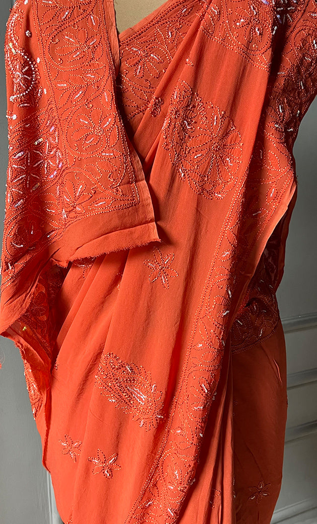 Women's Lakhnavi Handcrafted Viscose Georgette Chikankari Saree - HONC0290058