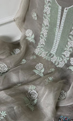 Load image into Gallery viewer, Women's Lakhnavi Handcrafted Pure Organza Chikankari Unstitched Kurta And Dupatta Set- HONC0311242