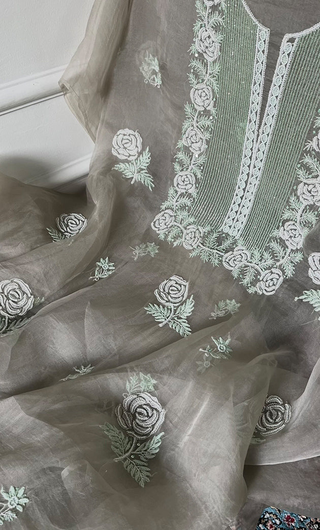 Women's Lakhnavi Handcrafted Pure Organza Chikankari Unstitched Kurta And Dupatta Set- HONC0311242