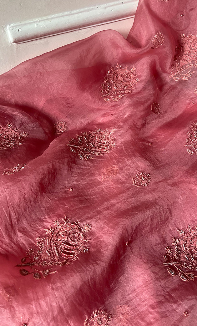 Women's Lakhnavi Handcrafted Pure Organza Chikankari Unstitched Kurta And Dupatta Set- HONC0294428