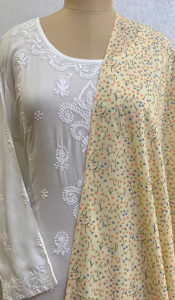 Lucknowi 手工绉纱 Chikankari 披肩 - HONC040990