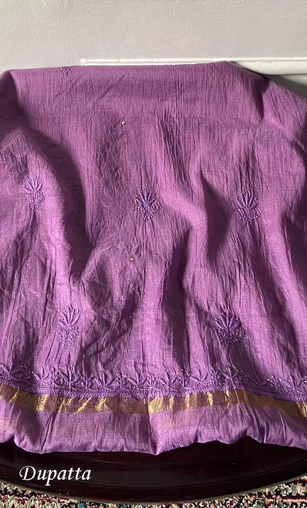 Women's Lakhnavi Handcrafted Mul Chanderi Unstitched Chikankari Full Suit Material - HONC0324495