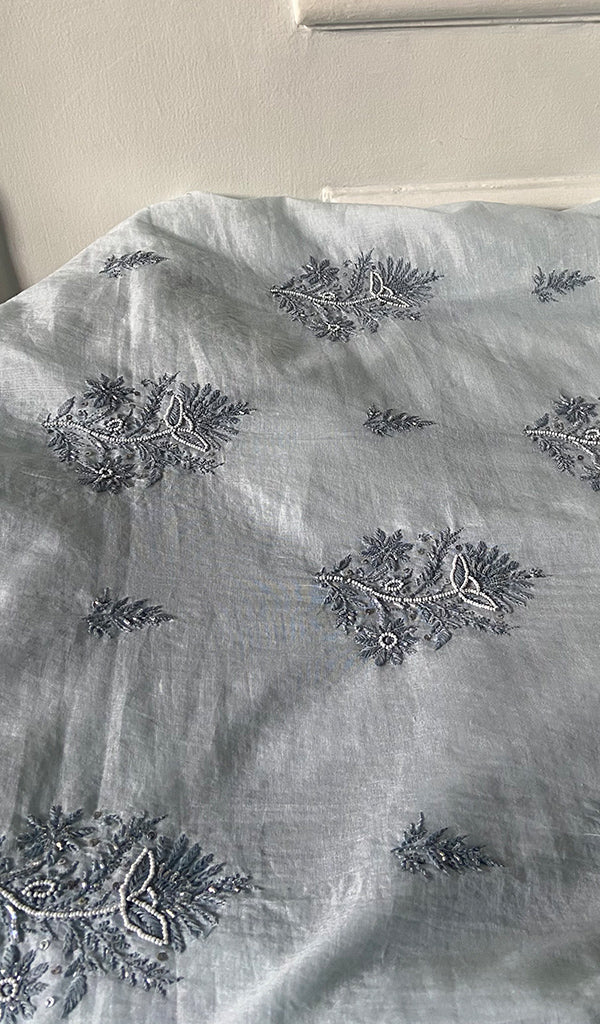 Women's Lakhnavi Handcrafted Mul Chanderi Unstitched Chikankari Full Suit Material - HONC0295747