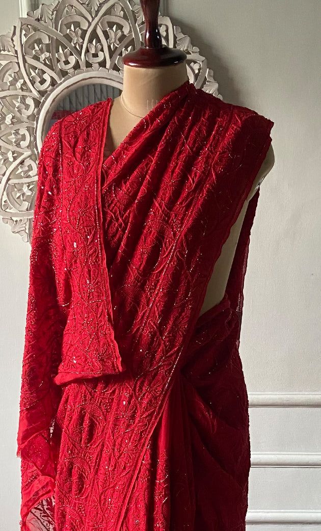 Women's Lakhnavi Handcrafted Pure Silk Georgette Chikankari Saree - HONC0286873